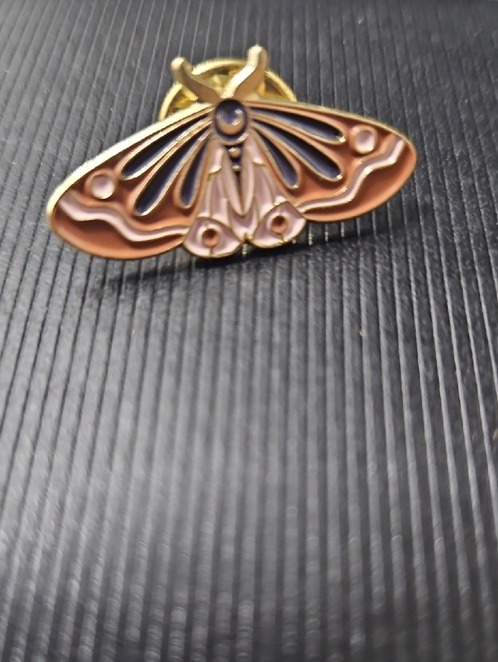 Gold Tone Moth Enamel Pin - Pink & Navy Details
